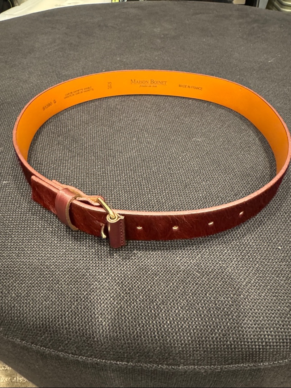Burgundy Calf Hair Leather Belt with Gold Buckle